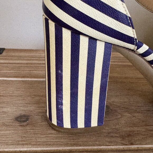 J. Crew Leather Light Cream Navy Stripe Ankle Strap Open Toe Block Heel Sandals - Picture 9 of 16